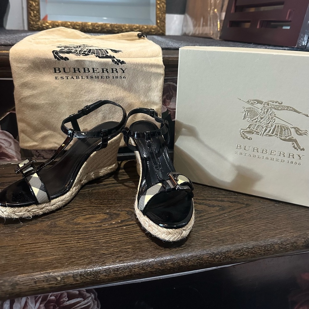 Burberry Nova Check Espadrille Wedge in Black Patent Leather